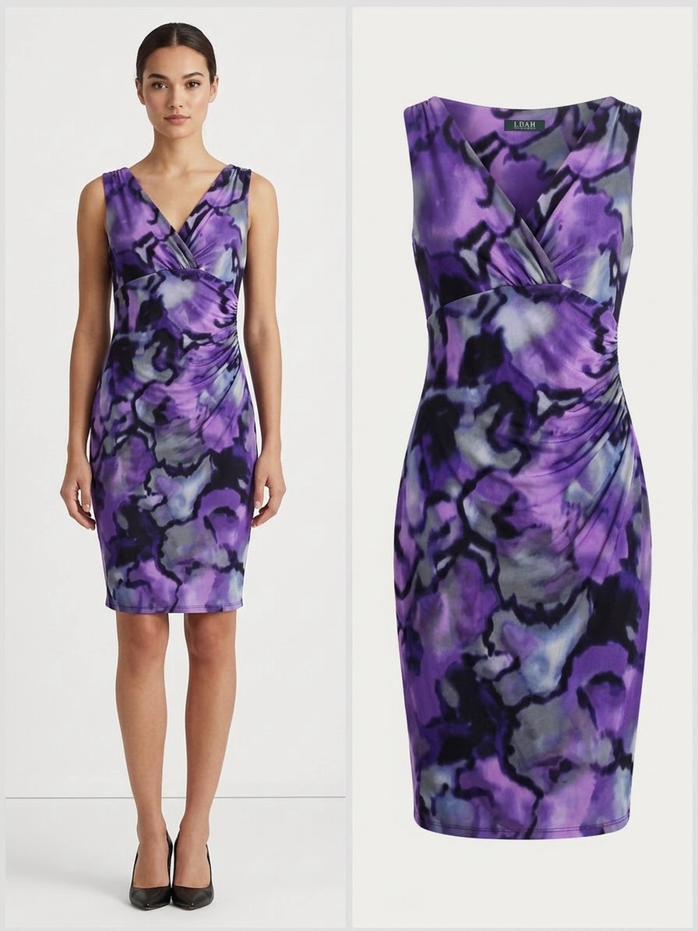 Ralph Lauren Purple Black Abstract Ruched Sheath Dress